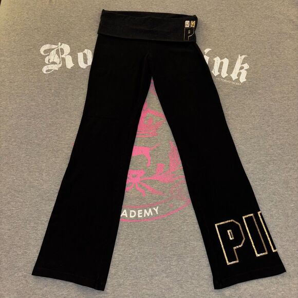 Victoria’s Secret PINK Foldover Flare Leggings Gold Sequin Bling Logo - Medium - Picture 2 of 11